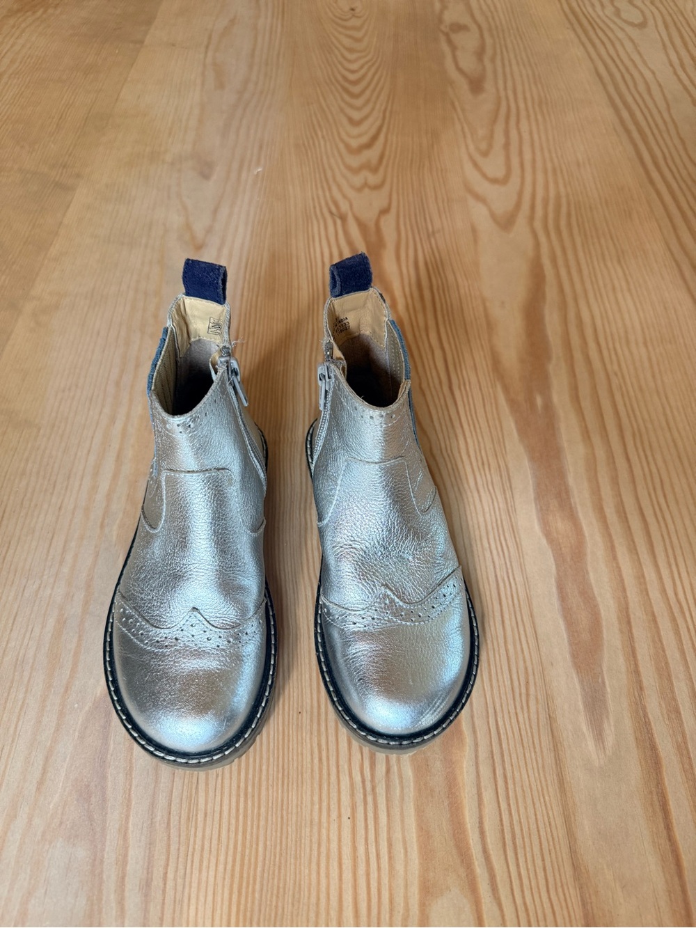 Boden Kids Metallic Silver Chelsea Boots with Navy Pull Tabs